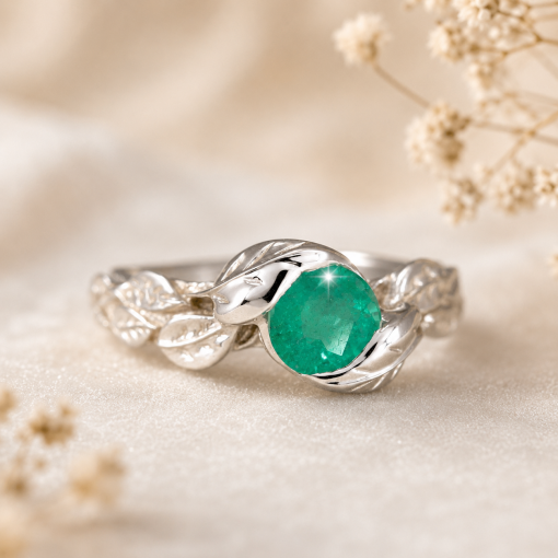 Natural Emerald Engagement Ring, Leaf Ring Natural Emerald Engagement Ring, Leaf Ring