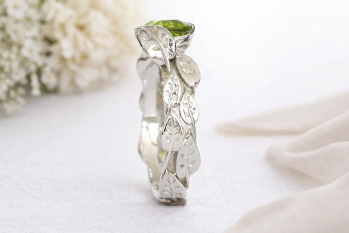 Peridot Leaf Engagement Ring, Nature Engagement Ring