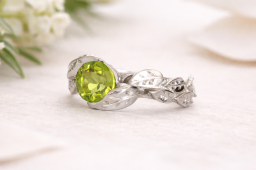 Peridot Leaf Engagement Ring, Nature Engagement Ring