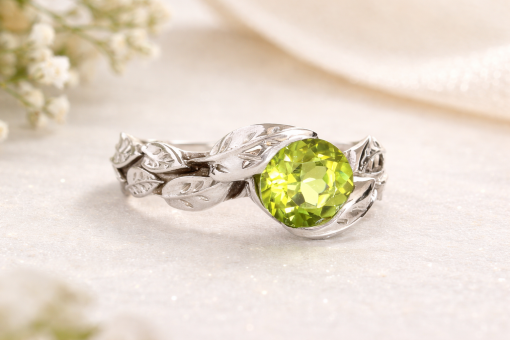 Peridot Leaf Engagement Ring, Nature Engagement Ring