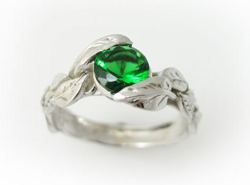Lab Emerald Engagement Ring, Leaf Engagement Ring