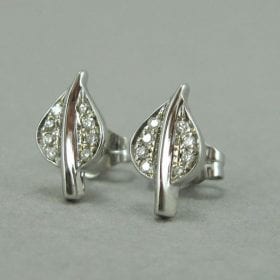 14k Gold Leaf Stud Earrings, Diamond Stud Earrings