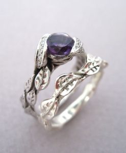 Amethyst Leaf Ring Wedding Set, Leaf Ring Amethyst Engagement Set