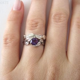 Amethyst Leaf Ring Wedding Set, Leaf Ring Amethyst Engagement Set