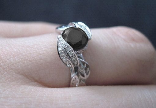 Black Diamond Leaf Engagement Ring, Diamond Leaf Engagement Ring