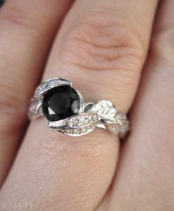 Black Diamond Leaf Engagement Ring, Diamond Leaf Engagement Ring