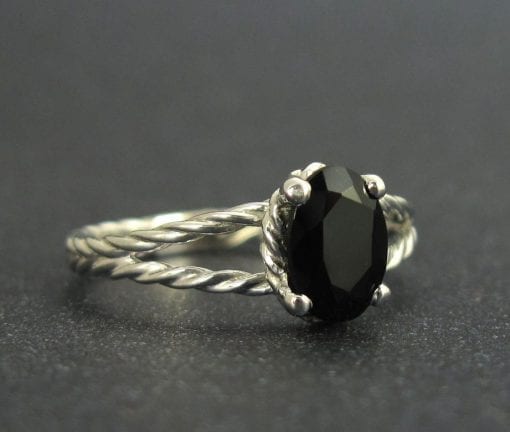 Black oval onyx twisted rope engagement ring, White gold rope ring and black gemstone