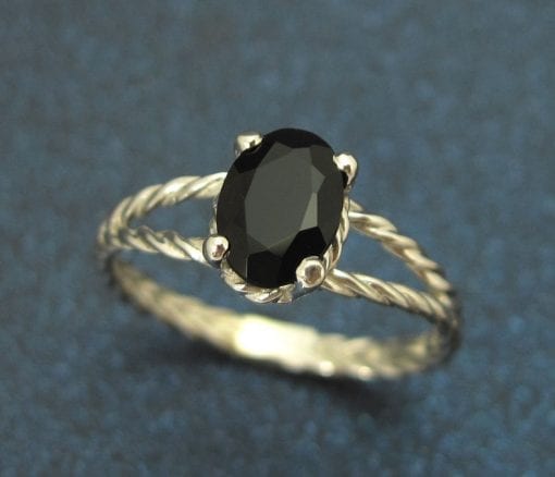 Black oval onyx twisted rope engagement ring, White gold rope ring and black gemstone
