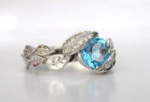 Blue Topaz Leaf Engagement Ring, Diamond Leaf Engagement Ring