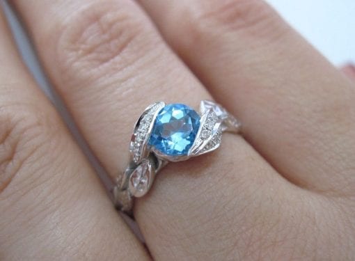 Blue Topaz Leaf Engagement Ring, Diamond Leaf Engagement Ring