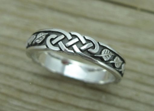 Celtic Wedding Band With Leafs, Wedding Ring In 14k White Gold