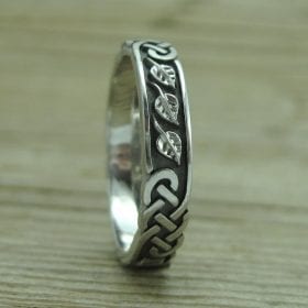 Celtic Wedding Band With Leafs, Wedding Ring In 14k White Gold
