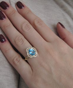 Cocktail Blue Topaz Engagement Ring, Flower rope Engagement Ring