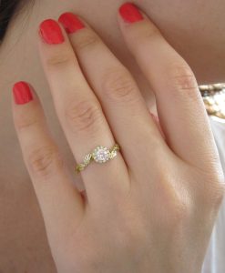 Diamond Halo Leaves Engagement Ring, Gold Halo Engagement Ring