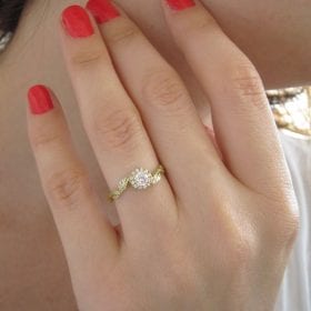 Diamond Halo Leaves Engagement Ring, Gold Halo Engagement Ring