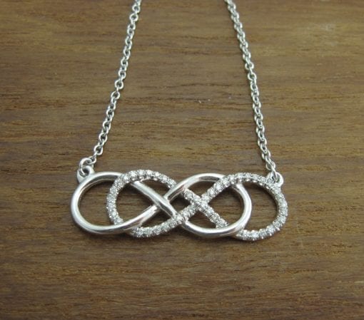Diamond infinity necklace, White gold double infinity knot diamond necklace