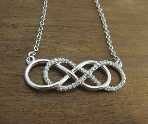 Diamond infinity necklace, White gold double infinity knot diamond necklace