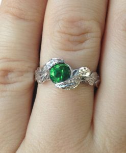 Diamond Leaves Engagement Ring, Emerald Leaf Engagement Ring