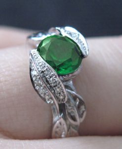 Diamond Leaves Engagement Ring, Emerald Leaf Engagement Ring