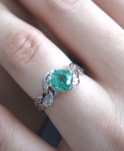 Emerald Engagement Ring, Emerald Leaf Ring