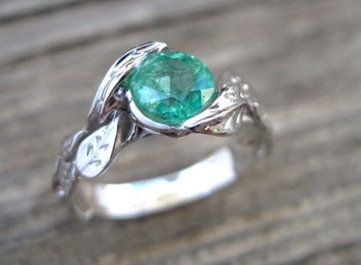 Emerald Engagement Ring, Emerald Leaf Ring