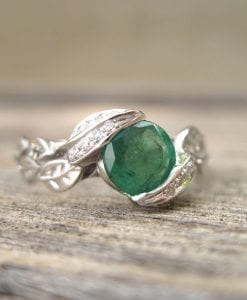 Emerald Engagement Ring, Platinum Emerald Leaves Ring