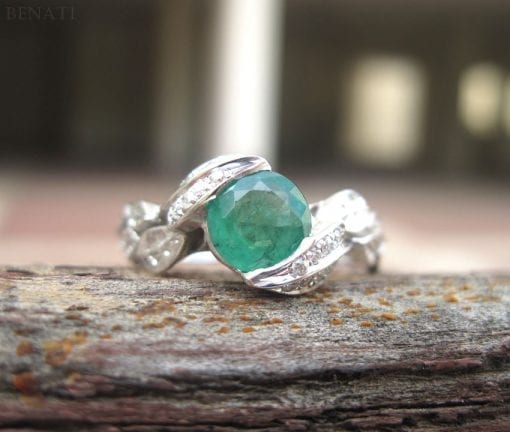 Rectangle green emerald stone with cz platinum ring -