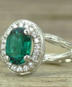 Emerald Halo Twig Engagement Ring, Emerald Wood Engagement Ring