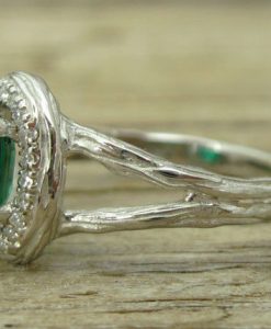 Emerald Halo Twig Engagement Ring, Emerald Wood Engagement Ring