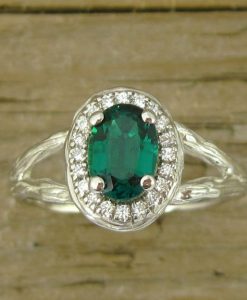 Emerald Halo Twig Engagement Ring, Emerald Wood Engagement Ring