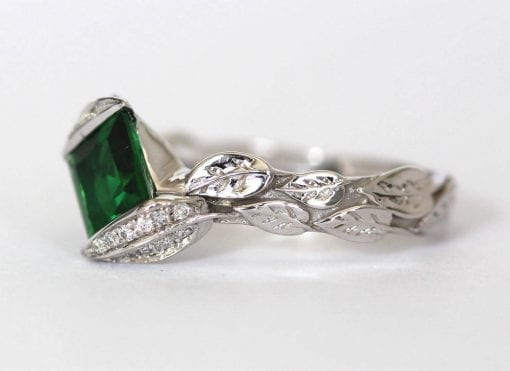 Emerald Leaves Engagement Ring, Emerald Engagement Ring