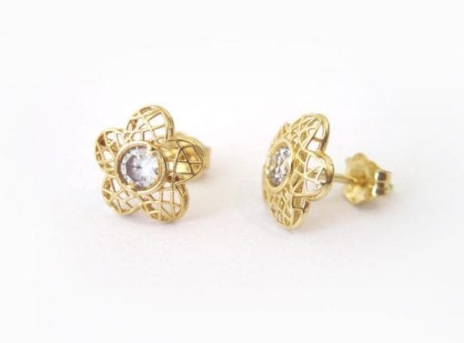 Gold Flower Stud Earrings With Gems, Flower Studs In Gold
