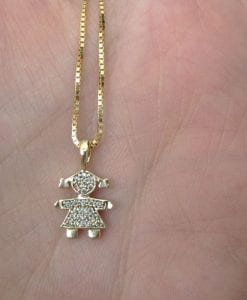 Gold girl baby pendant, Child pendant 14k solid yellow gold with cubic zircon