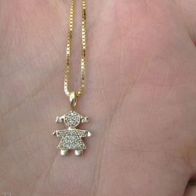 Gold girl baby pendant, Child pendant 14k solid yellow gold with cubic zircon