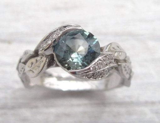 Green Sapphire Leaf Ring, Leaves Engagement Ring