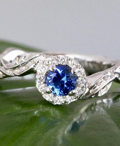 Halo Sapphire Leaves Engagement Ring, Leaf Diamond Engagement Ring