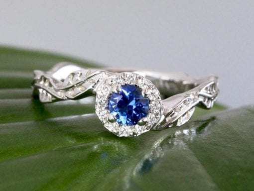 Halo Sapphire Leaves Engagement Ring, Leaf Diamond Engagement Ring