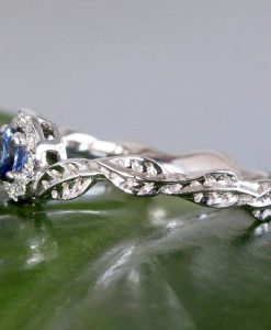 Halo Sapphire Leaves Engagement Ring, Leaf Diamond Engagement Ring