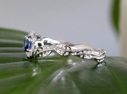 Halo Sapphire Leaves Engagement Ring, Leaf Diamond Engagement Ring