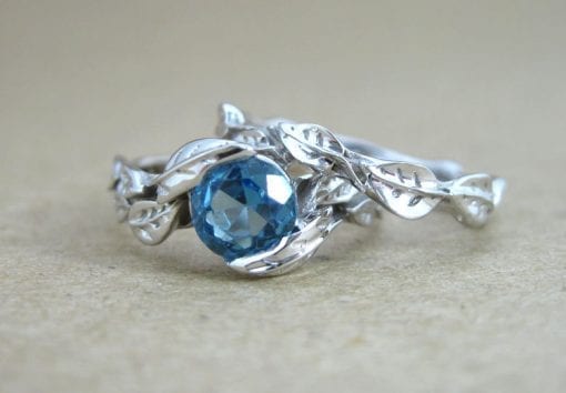 Leaf Engagement Ring Set, Blue Topaz Wedding Ring Set