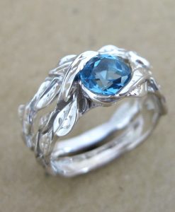 Leaf Engagement Ring Set, Blue Topaz Wedding Ring Set