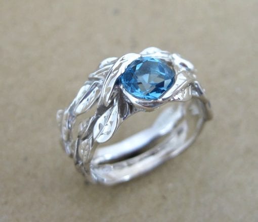 Leaf Engagement Ring Set, Blue Topaz Wedding Ring Set