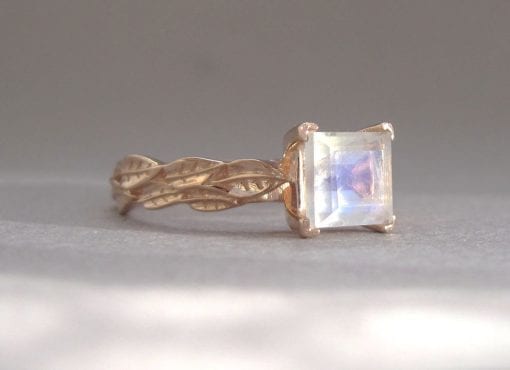 Leaf Ring With Square Cut Moonstone, Princess Cut Moonstone Ring