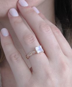 Leaf Ring With Square Cut Moonstone, Princess Cut Moonstone Ring