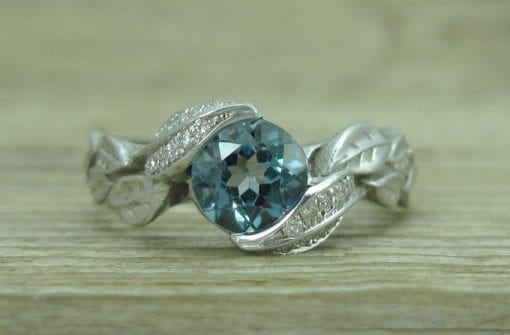 London Blue Topaz Leaf Engagement Ring With Diamonds, White Gold Leaves Ring