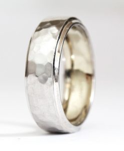 Mens hammered stepped Beveled edge band, white gold wide mens wedding band