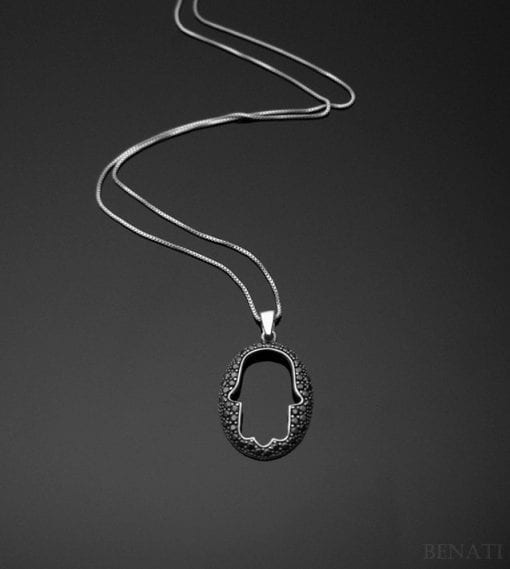 Modern oval hamsa pendant - protection - goodluck - black - holiday - gift -  dark - high fashion - fine - new hamsa design