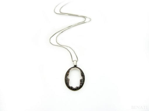 Modern oval hamsa pendant - protection - goodluck - black - holiday - gift -  dark - high fashion - fine - new hamsa design
