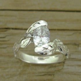Moissanite Leaves Engagement Ring, Oval Engagement Ring