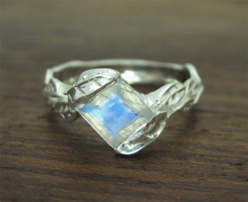 Moonstone Leaf Engagement Ring, Princess Cut Moonstone Leaves Engagement Ring